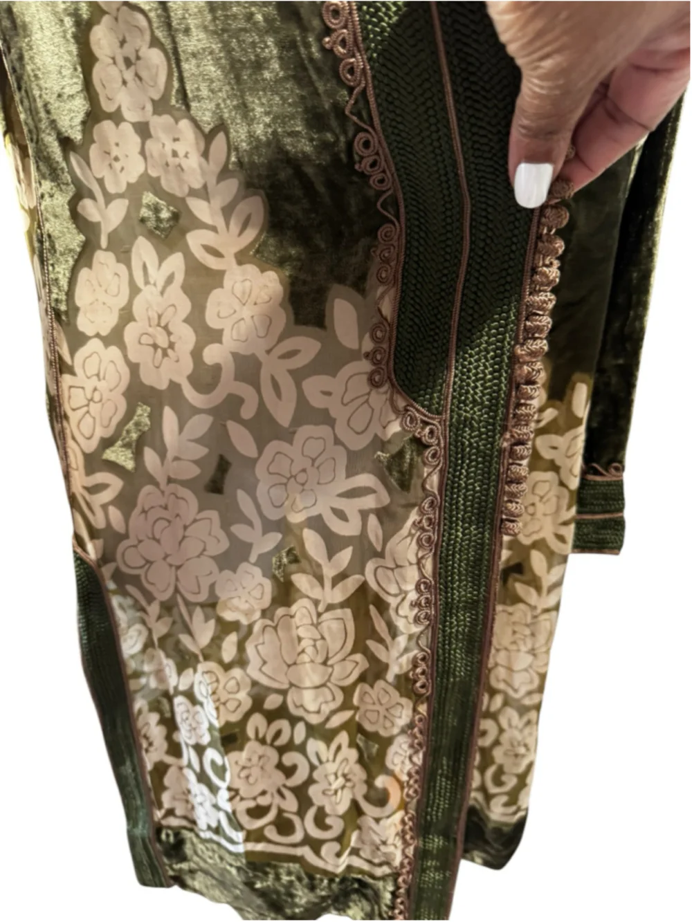 Maison du Cafian Velvet Floral Kaftan Jacket Size M Green Beige